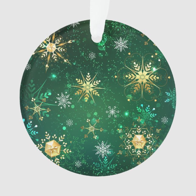 Xmas Golden Snowflakes on Green Background Ornament (Front)