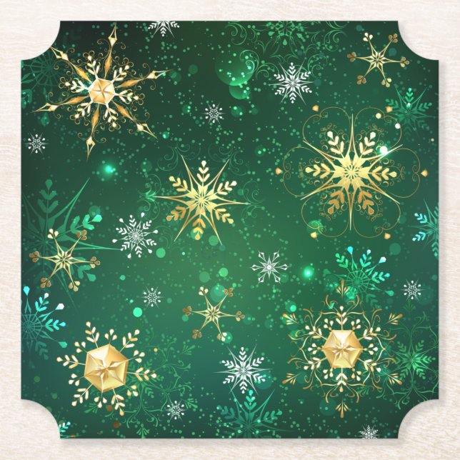Xmas Golden Snowflakes on Green Background Paper Coaster (Front)