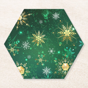 Xmas Golden Snowflakes on Green Background Paper Coaster
