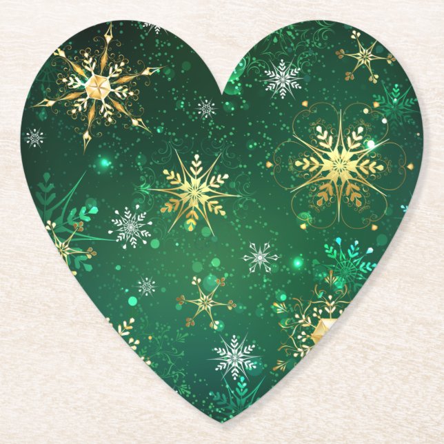 Xmas Golden Snowflakes on Green Background Paper Coaster (Front)