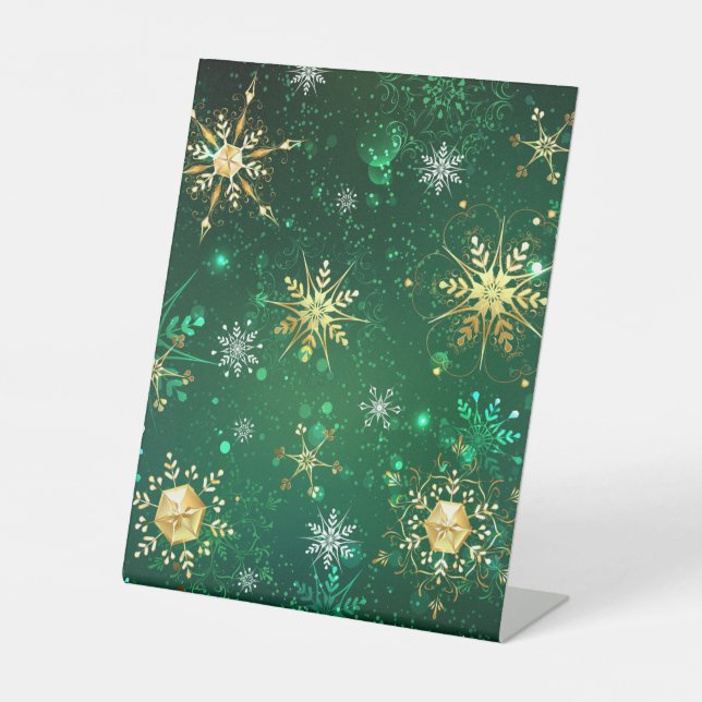 Xmas Golden Snowflakes on Green Background Pedestal Sign (Front)