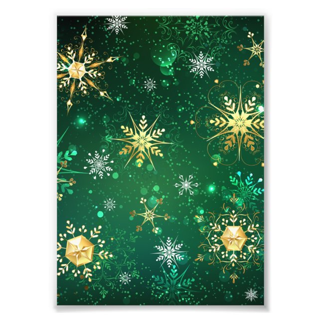 Xmas Golden Snowflakes on Green Background Photo Print (Front)