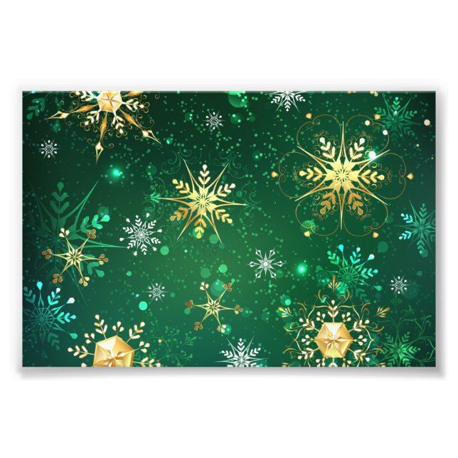 Xmas Golden Snowflakes on Green Background Photo Print (Front)