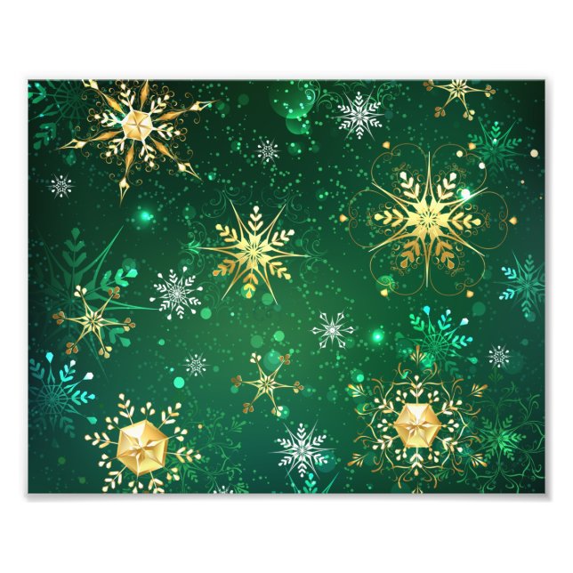 Xmas Golden Snowflakes on Green Background Photo Print (Front)