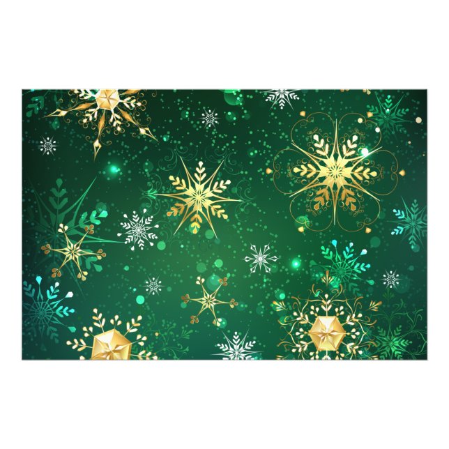 Xmas Golden Snowflakes on Green Background Photo Print (Front)