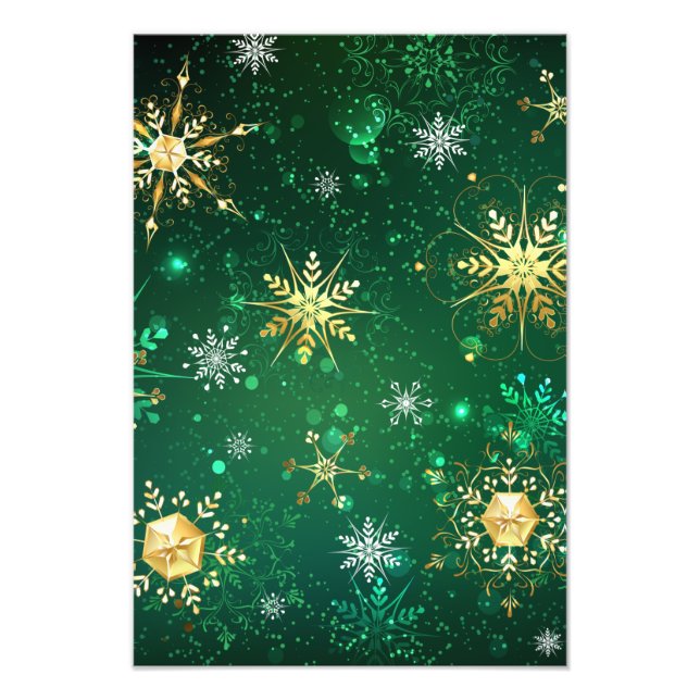 Xmas Golden Snowflakes on Green Background Photo Print (Front)
