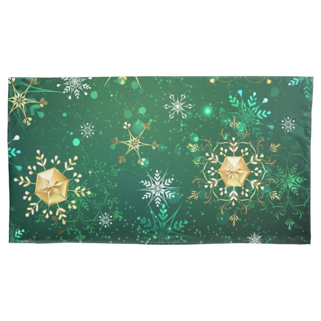 Xmas Golden Snowflakes on Green Background Pillowcase (Front)