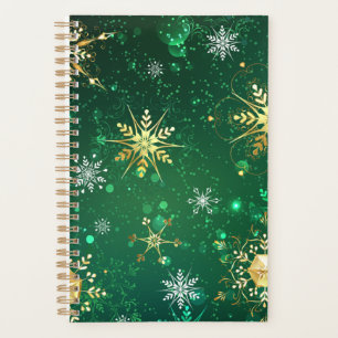 Xmas Golden Snowflakes on Green Background Planner