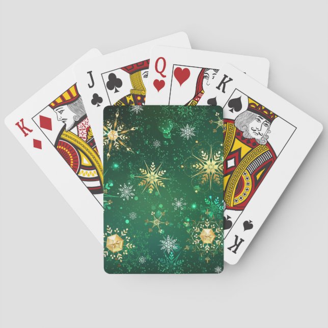 Xmas Golden Snowflakes on Green Background Playing Cards (Back)