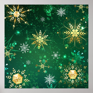 Xmas Golden Snowflakes on Green Background Poster