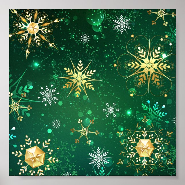 Xmas Golden Snowflakes on Green Background Poster (Front)