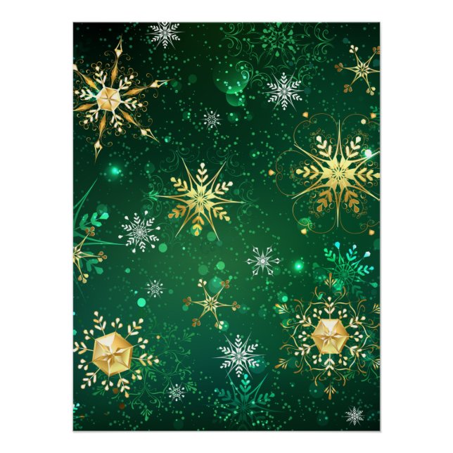 Xmas Golden Snowflakes on Green Background Poster (Front)
