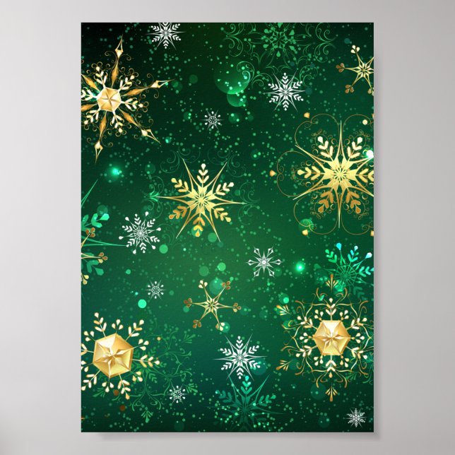 Xmas Golden Snowflakes on Green Background Poster (Front)