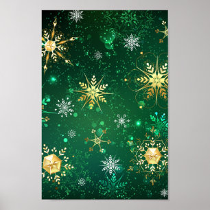 Xmas Golden Snowflakes on Green Background Poster
