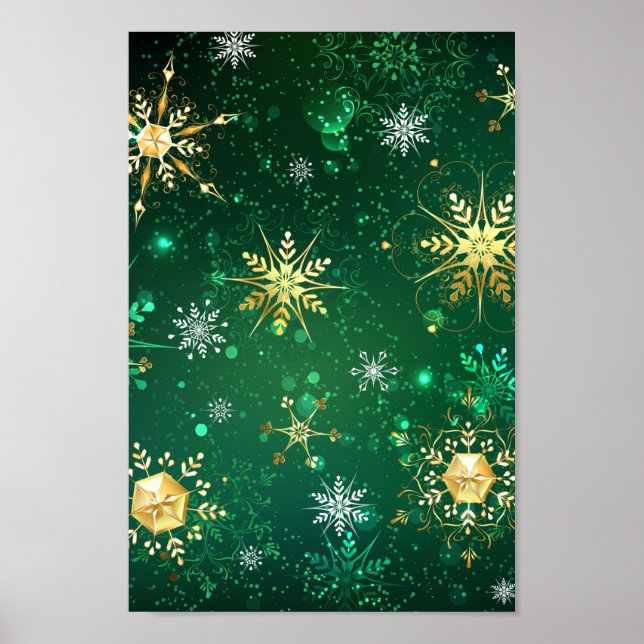 Xmas Golden Snowflakes on Green Background Poster (Front)