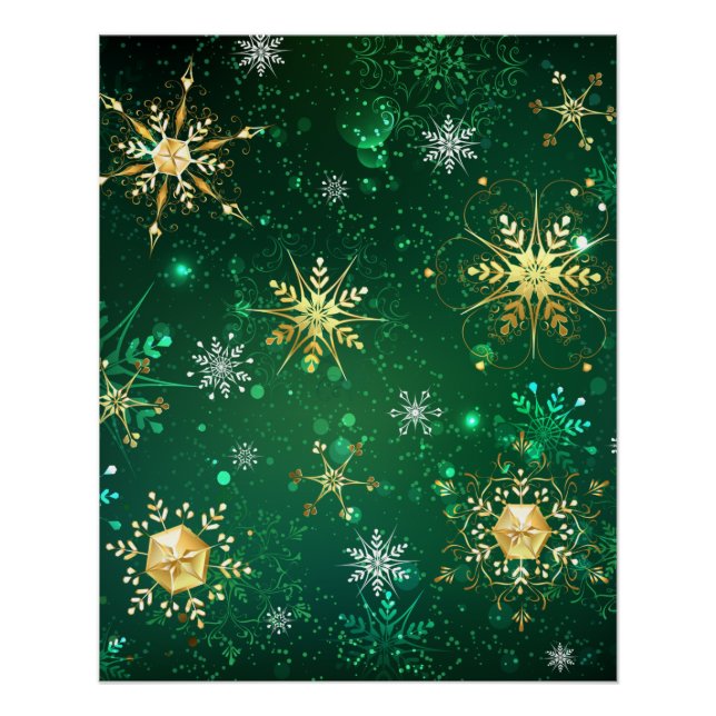 Xmas Golden Snowflakes on Green Background Poster (Front)