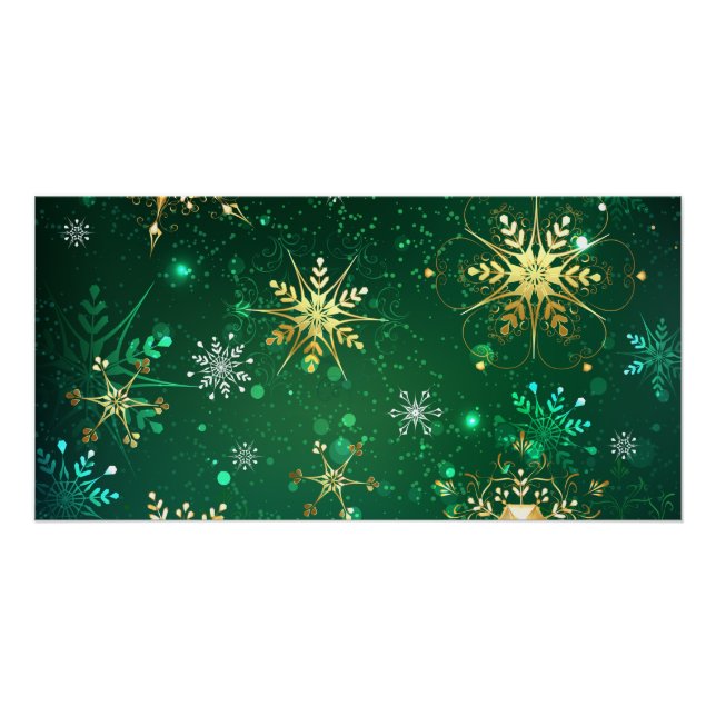 Xmas Golden Snowflakes on Green Background Poster (Front)