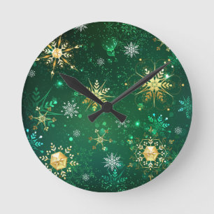 Xmas Golden Snowflakes on Green Background Round Clock