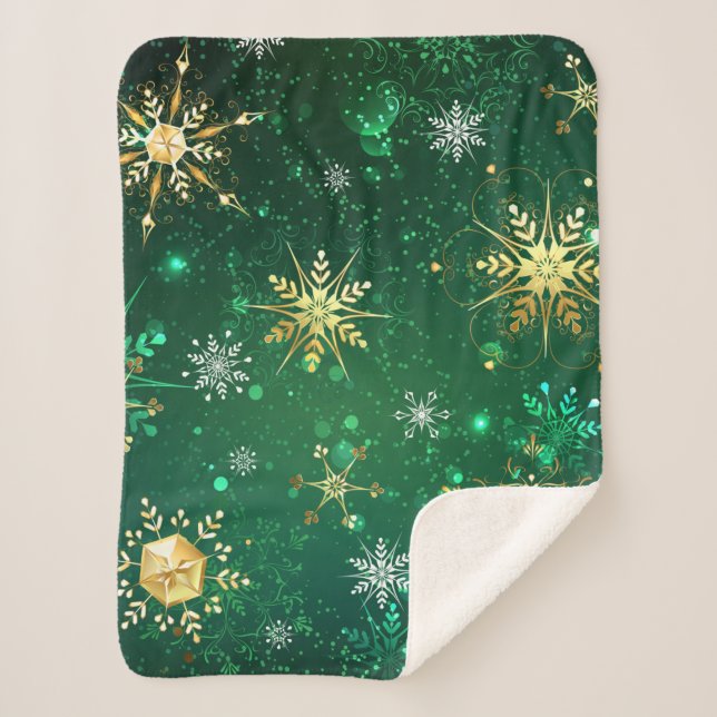 Xmas Golden Snowflakes on Green Background Sherpa Blanket (Front)