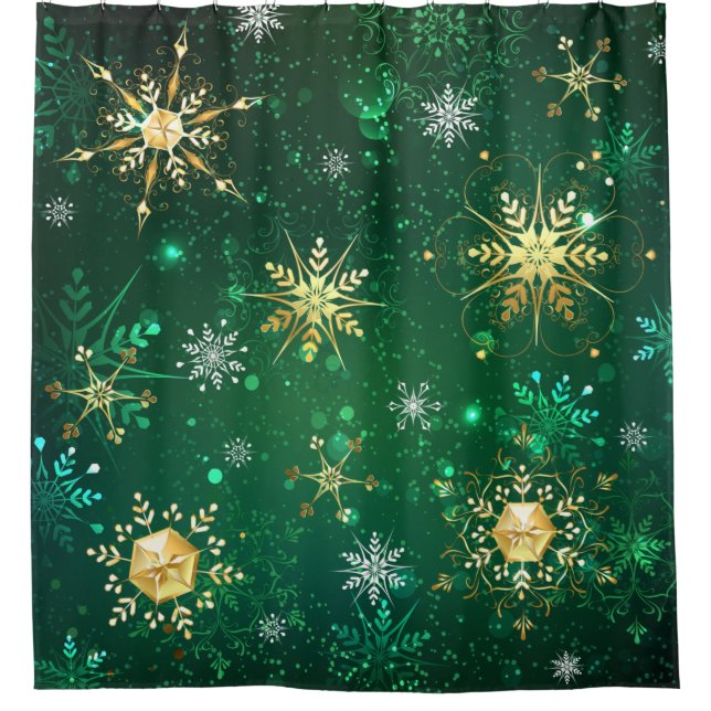 Xmas Golden Snowflakes on Green Background Shower Curtain (Front)