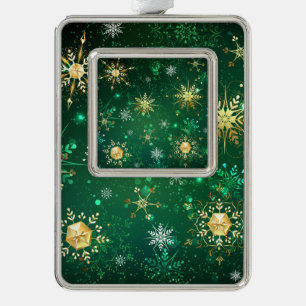 Xmas Golden Snowflakes on Green Background Silver Plated Framed Ornament