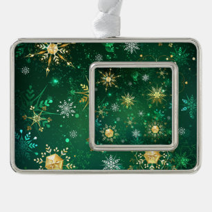 Xmas Golden Snowflakes on Green Background Silver Plated Framed Ornament