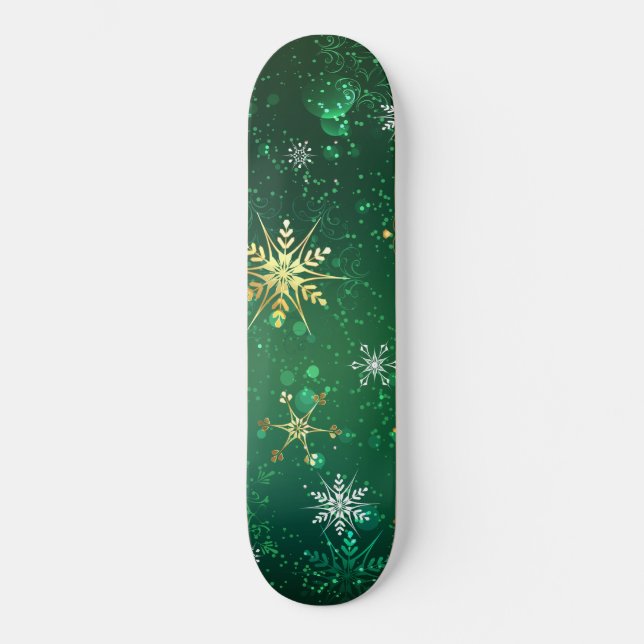 Xmas Golden Snowflakes on Green Background Skateboard (Front)