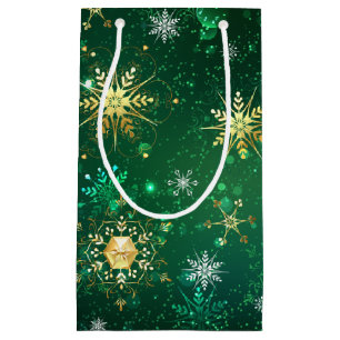 Xmas Golden Snowflakes on Green Background Small Gift Bag