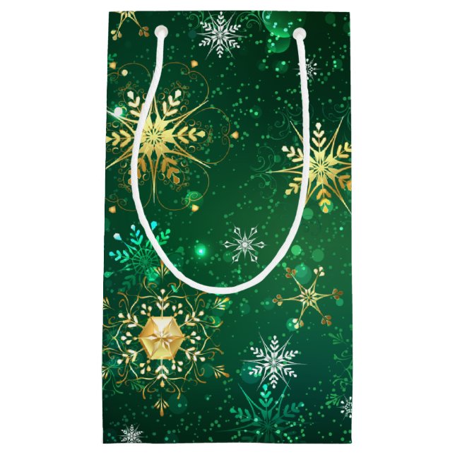 Xmas Golden Snowflakes on Green Background Small Gift Bag (Front)