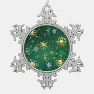 Xmas Golden Snowflakes on Green Background Snowflake Pewter Christmas Ornament