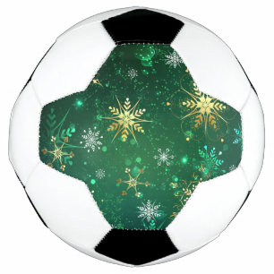 Xmas Golden Snowflakes on Green Background Soccer Ball
