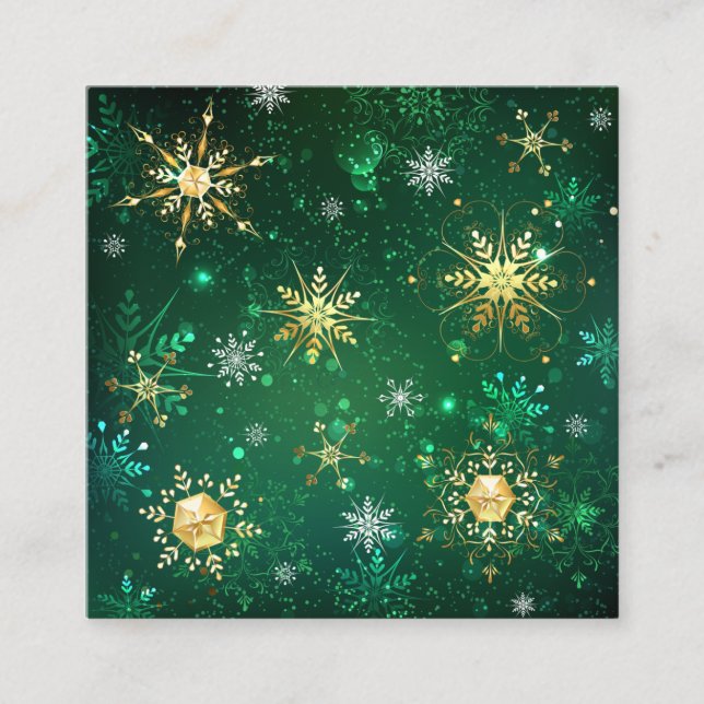 Xmas Golden Snowflakes on Green Background Square Business Card (Front)