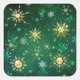 Xmas Golden Snowflakes on Green Background Square Sticker