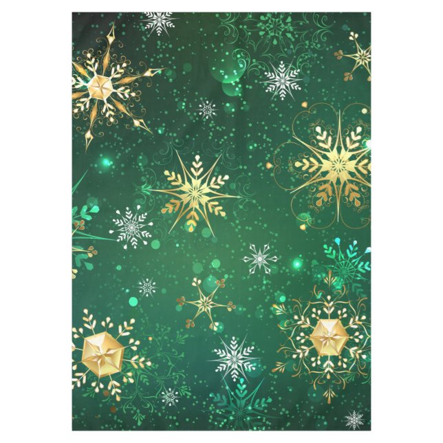 Xmas Golden Snowflakes on Green Background Tablecloth (Front)