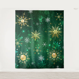 Xmas Golden Snowflakes on Green Background Tapestry
