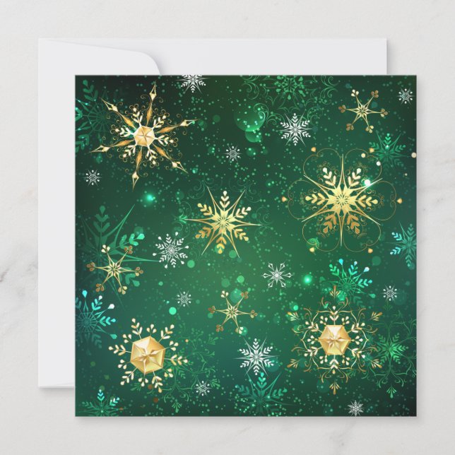 Xmas Golden Snowflakes on Green Background Thank You Card (Front)