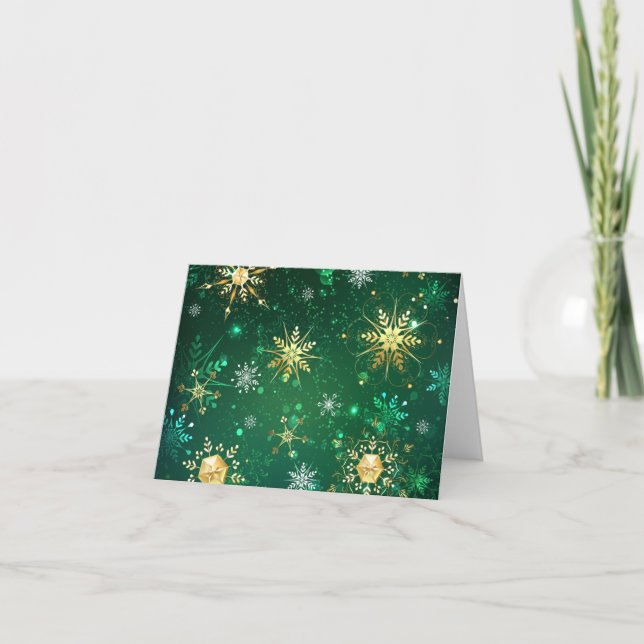 Xmas Golden Snowflakes on Green Background Thank You Card (Front)