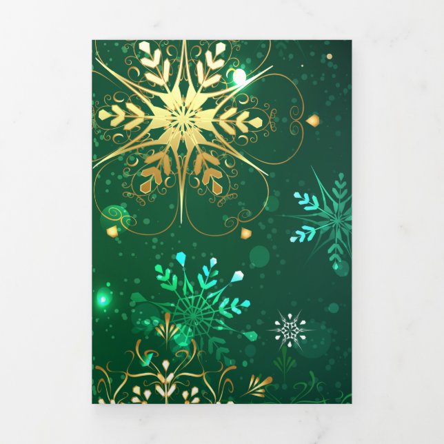 Xmas Golden Snowflakes on Green Background Tri-Fold Announcement (Cover)