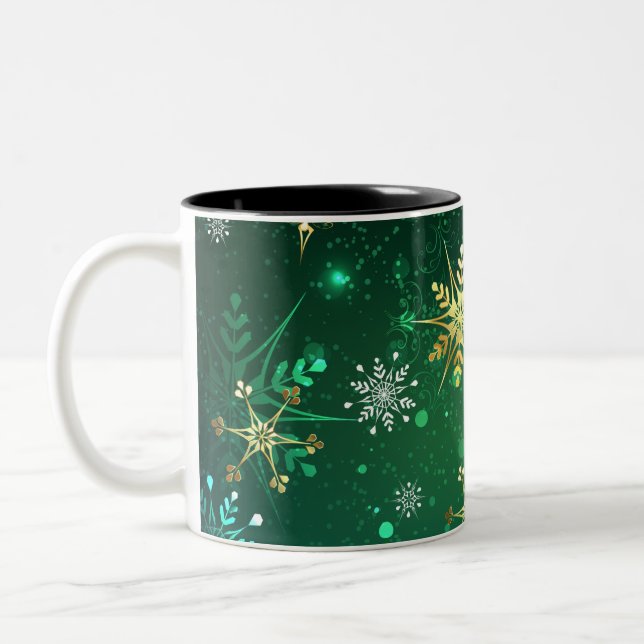 Xmas Golden Snowflakes on Green Background Two-Tone Coffee Mug (Left)