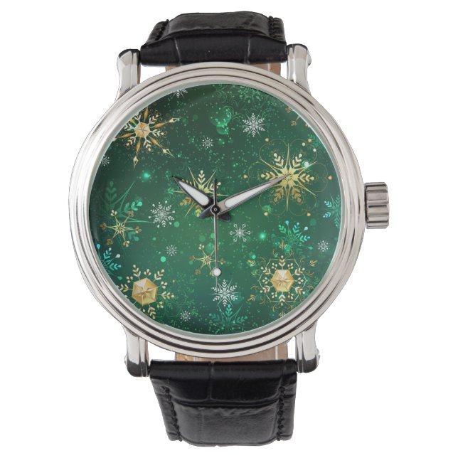 Xmas Golden Snowflakes on Green Background Watch (Front)