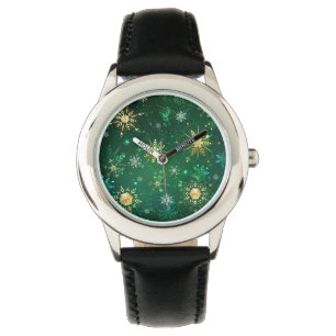 Xmas Golden Snowflakes on Green Background Watch
