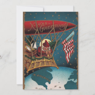 Xmas Greetings Vintage Patriotic Santa In Blimp Holiday Card