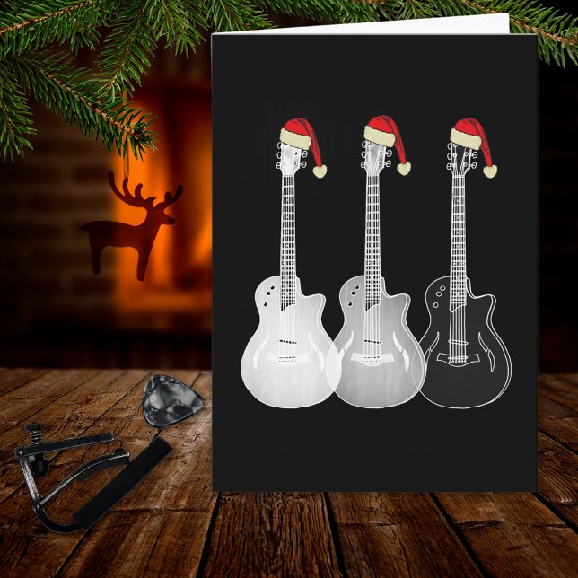 Xmas Guitar Santa Black and White  Card (Cool guitar Black and white music themed holiday card)