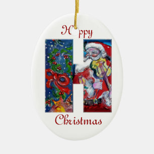 XMAS H LETTER /SANTA  CLAUS WITH VIOLIN MONOGRAM CERAMIC TREE DECORATION