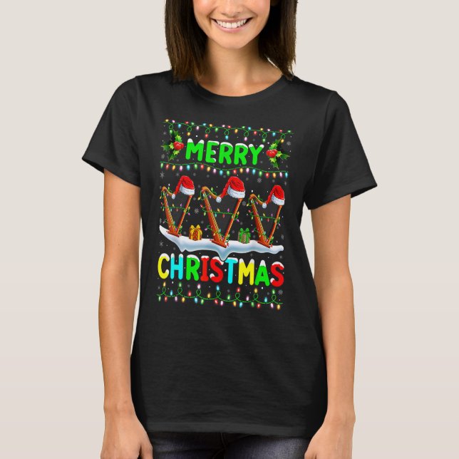 Xmas Harp Lighting Santa Hat Merry Christmas Harp T-Shirt (Front)