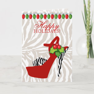 Xmas High Heel Shoe Zebra Red Lights Holiday Card