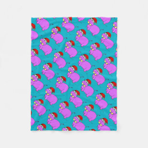 Xmas Hippo Blue Fleece Blanket