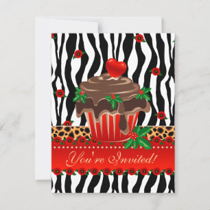 Xmas Holiday Cupcake Zebra Leopard Heart Holly Invitation