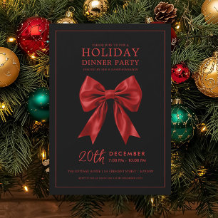 Xmas Holiday Dinner Party Red Satin Bow Black Invitation