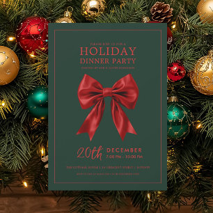 Xmas Holiday Dinner Party Red Satin Bow Green Invitation